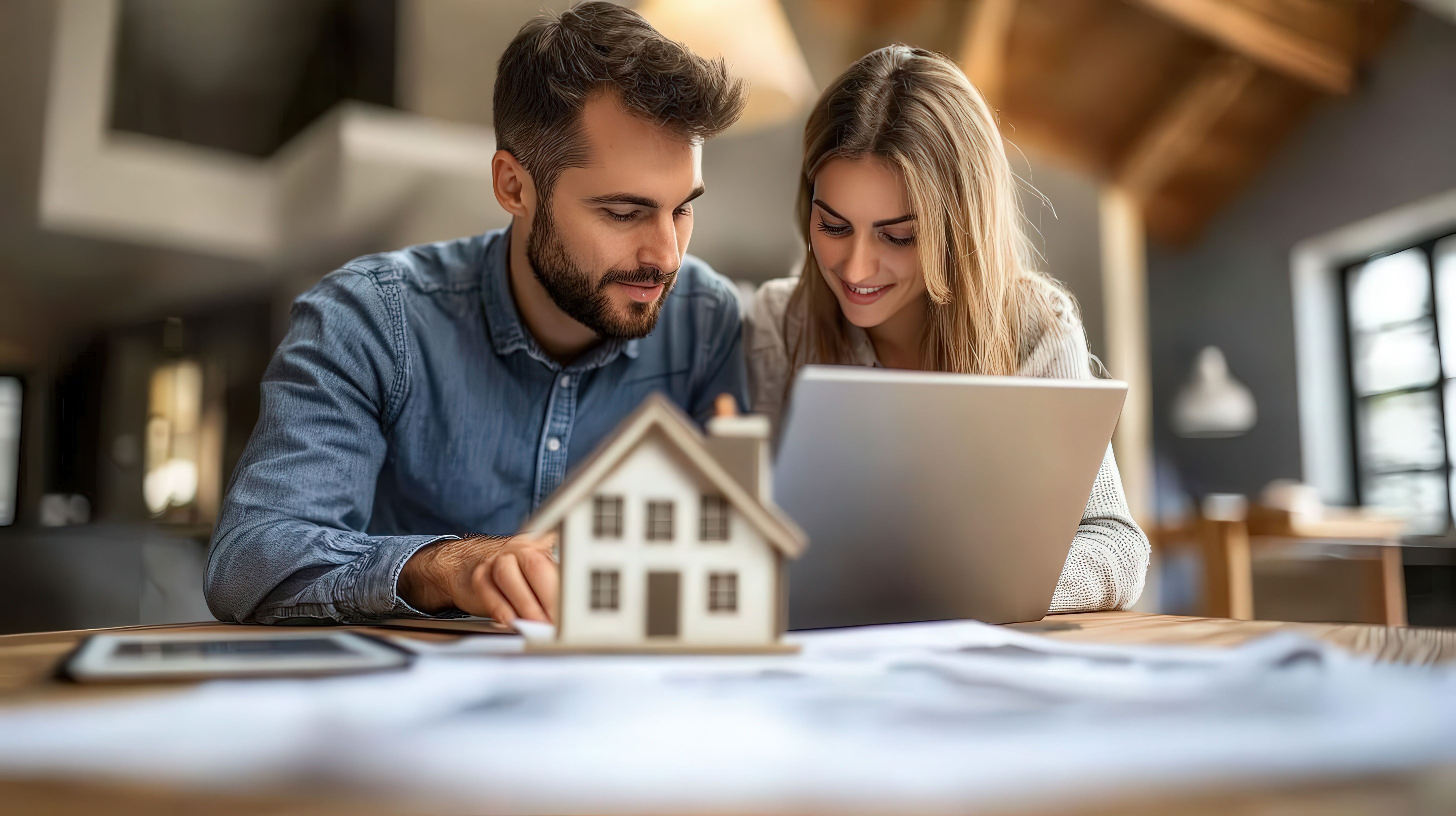 Nekretnine Dvije osobe pred laptopom i ikonom kucice